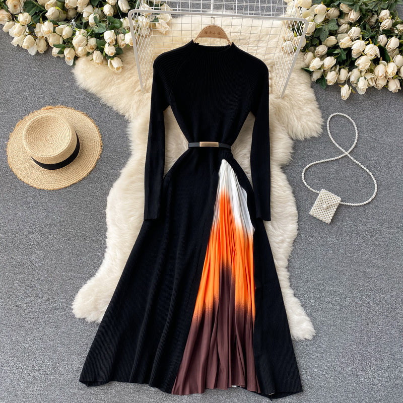 French Hepburn style elegant knitted gradient color pleated waist wide swing dress new R2156