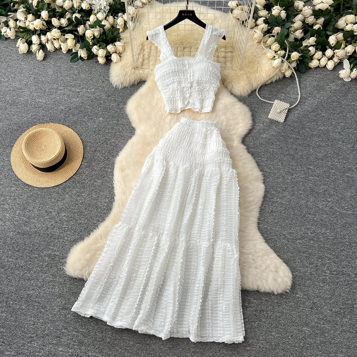 Gentle outfit holiday style short small flying sleeve suspender top high waist pleated skirt suit R2158