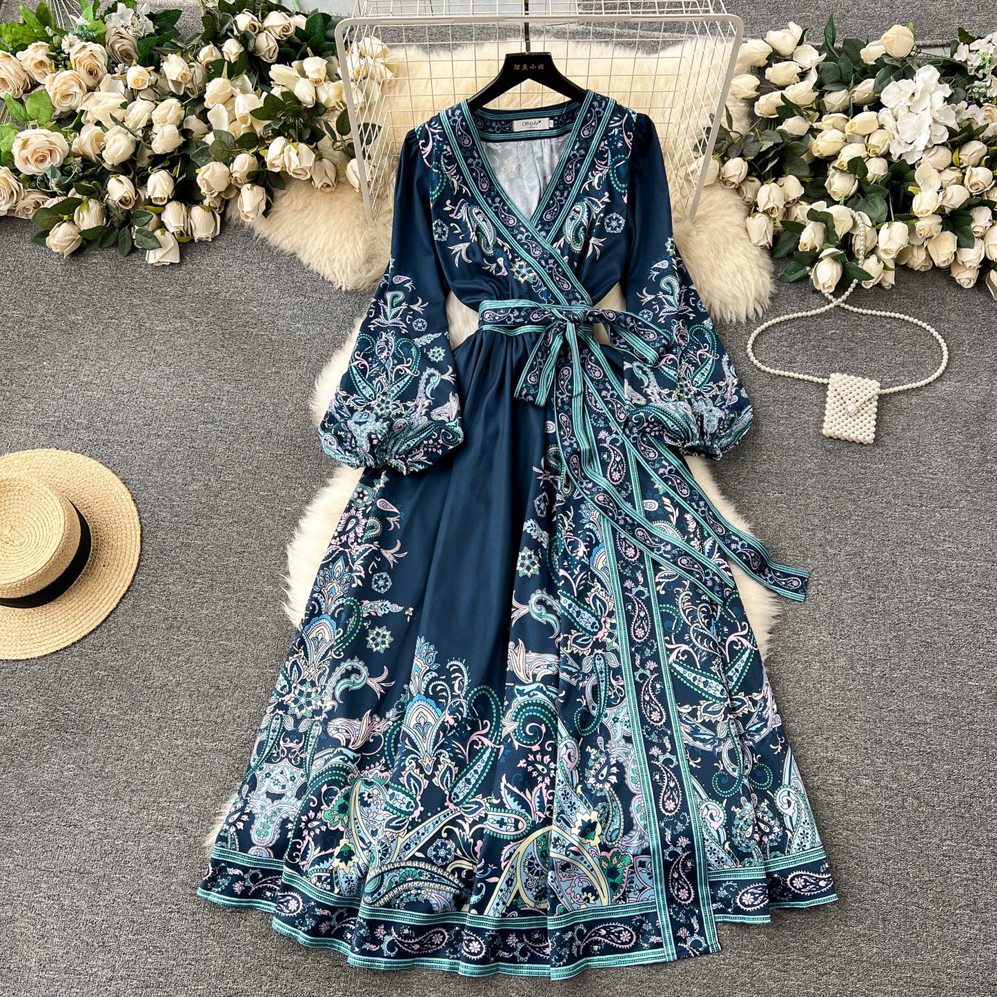 New French style high-end one-piece tie waist print dress elegant long skirt R2133