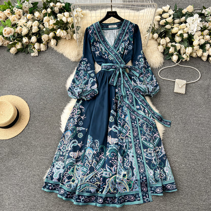 New French style high-end one-piece tie waist print dress elegant long skirt R2133