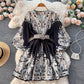 New French retro print single-breasted V-neck lantern sleeve waisted mid-length dress R2136