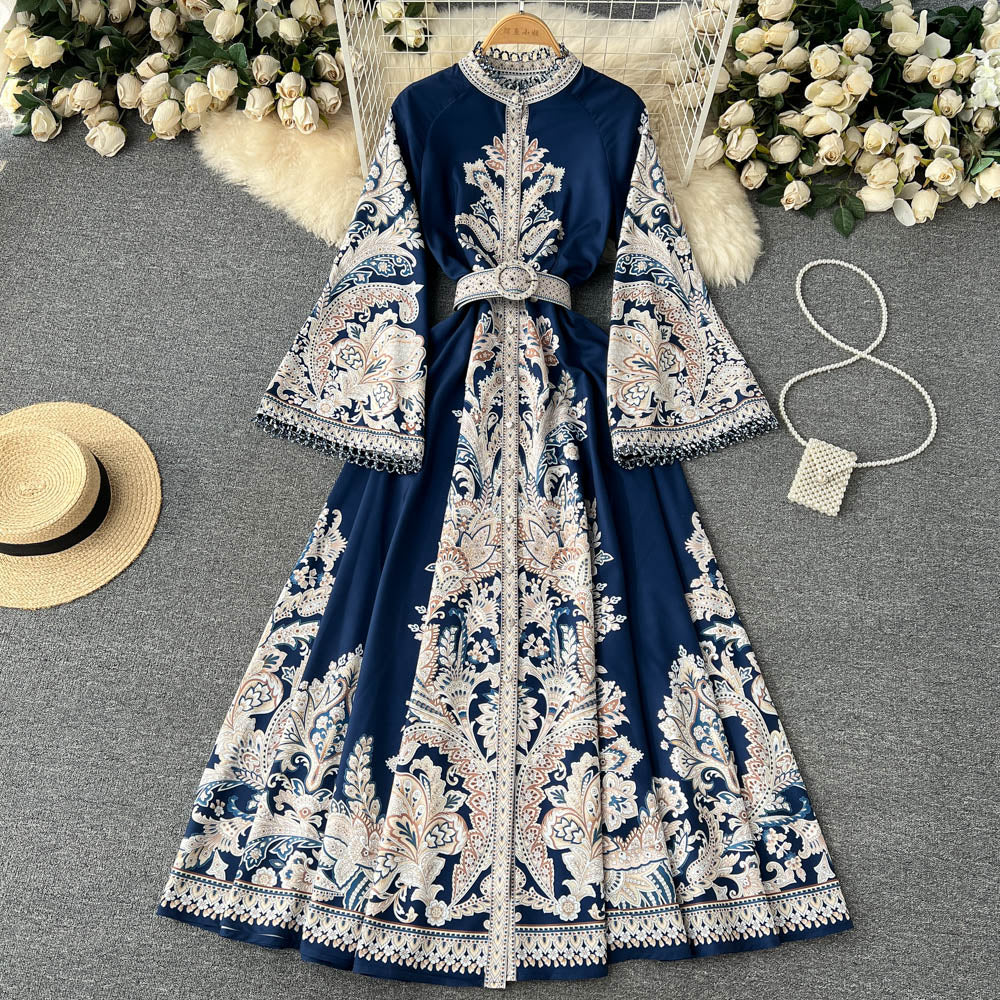 New retro printed round neck trumpet sleeve dress with large swing irregular pleated long skirt R2150