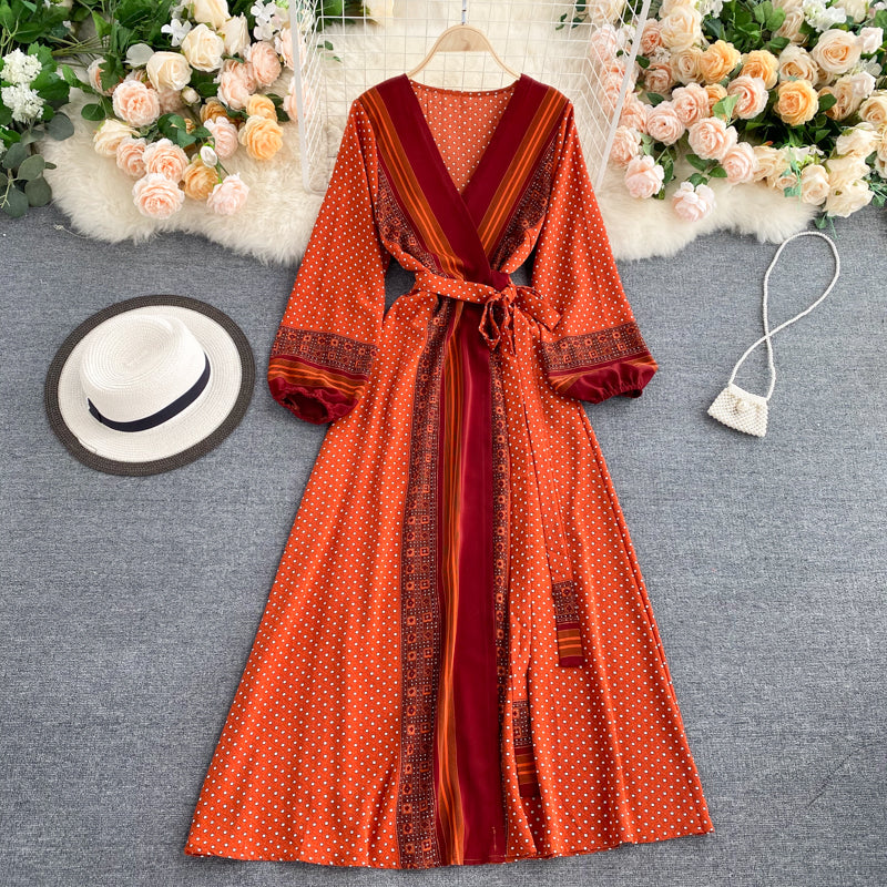 Retro printed tie waist slimming temperament V-neck fashionable bubble sleeve long dress R2154