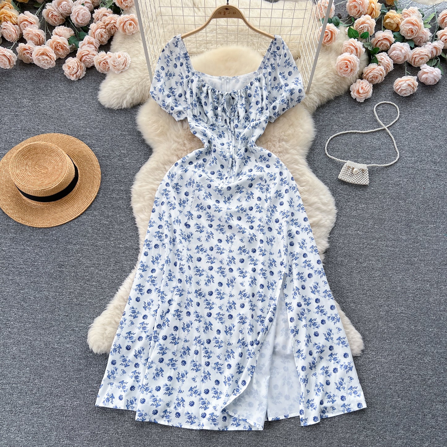 French pure desire high-grade floral dress slim temperament super fairy slit long skirt R2144