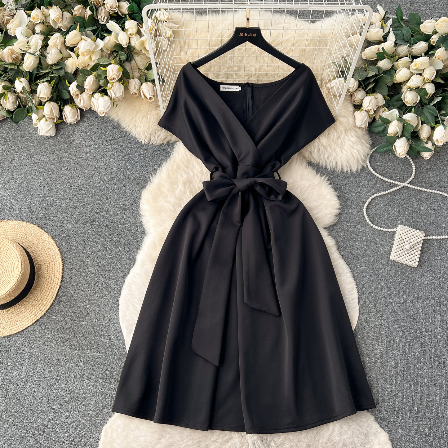 High-end banquet party dress summer bow tie waist design niche chic dress R2163