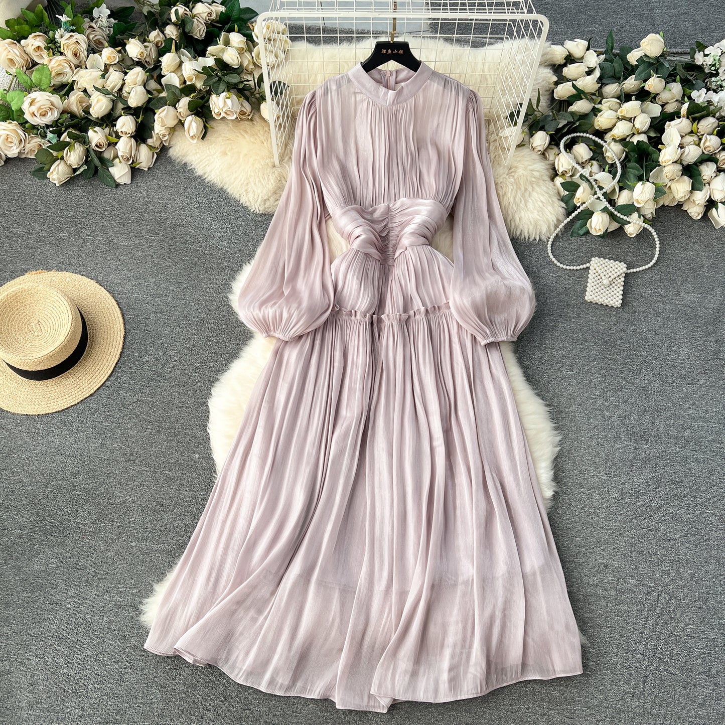 High-end dress 2025 new style stand-up collar pleated waist long puff sleeve dress R2143