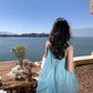 Holiday style gentle temperament unique beautiful blue suspender top skirt two-piece set R0869