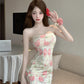 One-shoulder floral tube top dress French style backless tight-fitting slimming hip skirt R3790