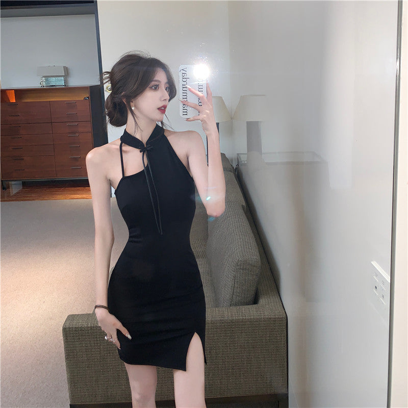 Retro Chinese style sexy cheongsam little black dress slim hip-wrapped slit sleeveless black dress R3795