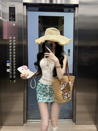 Holiday style gentle temperament beautiful jacquard halter neck top floral skirt two-piece suit R0886
