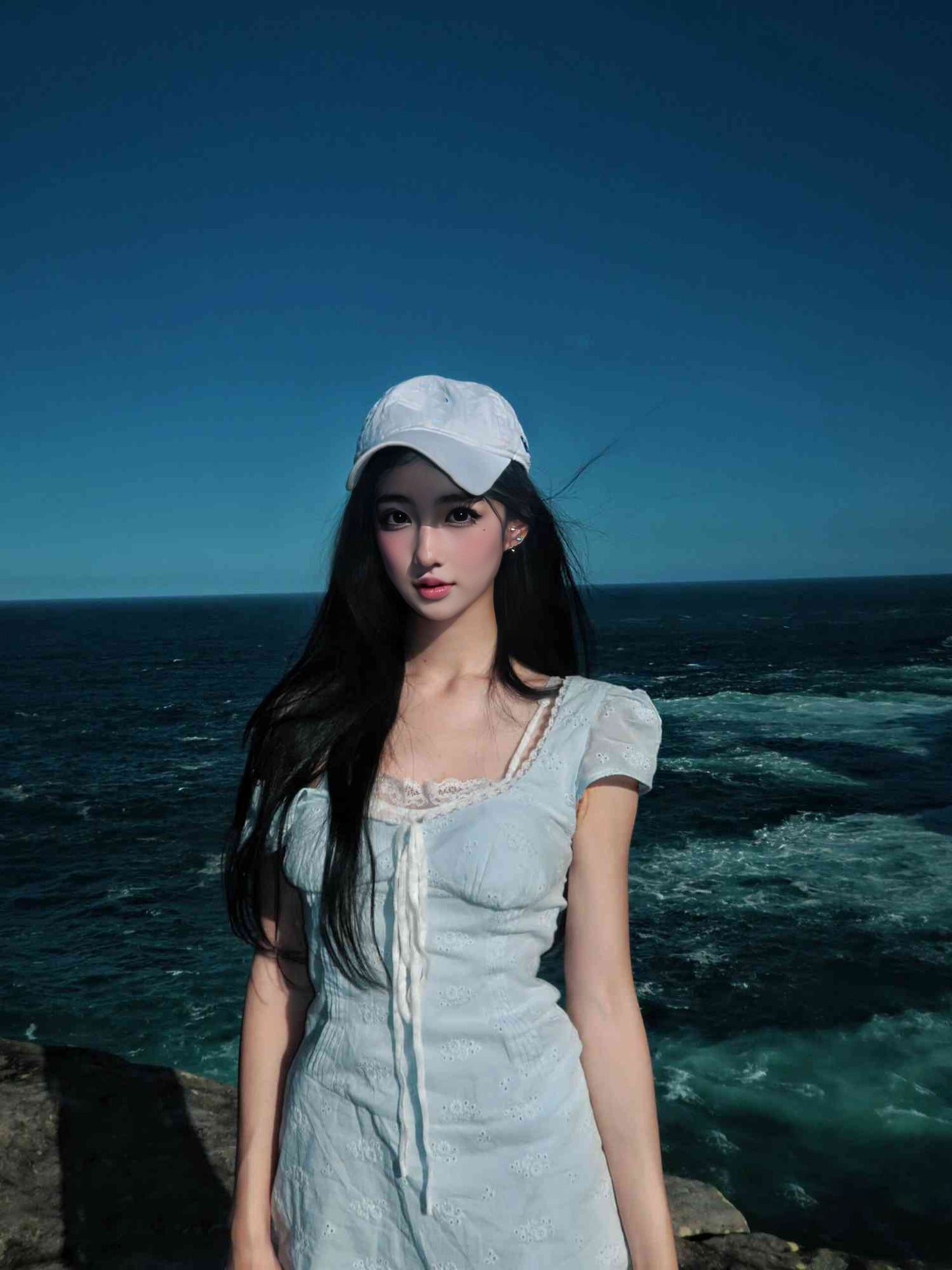 Gentle blue short-sleeved dress with elegant waist A-line short skirt R0828