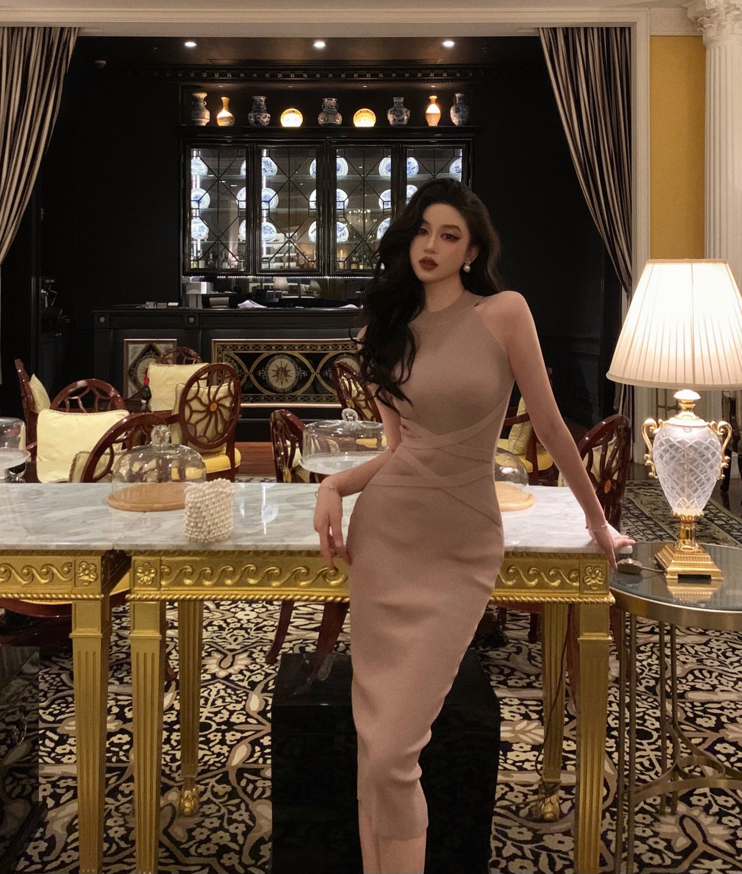 Retro halter neck suspender dress sleeveless lace-up knitted slim fit sexy hip skirt R1491