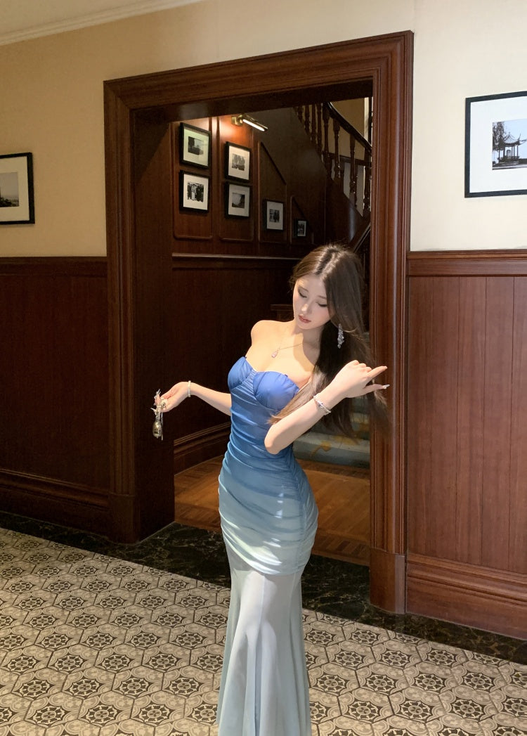 Blue gradient tube top dress 2025 new waist slim fit hip skirt R0563