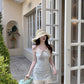 Blue jacquard suspender dress two-piece set beautiful waist slim hip skirt R0564
