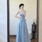 Blue hollow suspender dress temperament waist A-line long skirt R0568