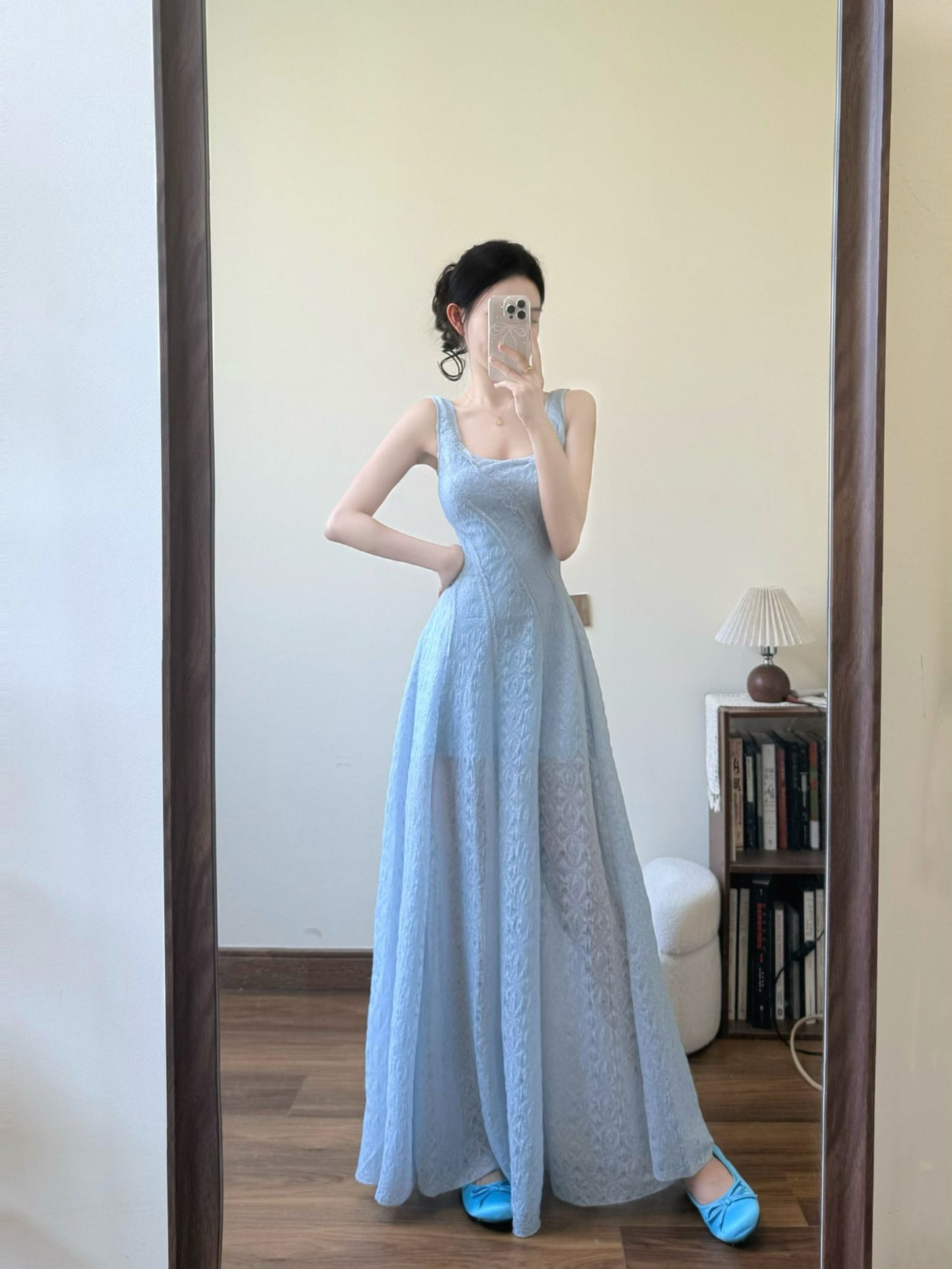 Blue hollow suspender dress temperament waist A-line long skirt R0568