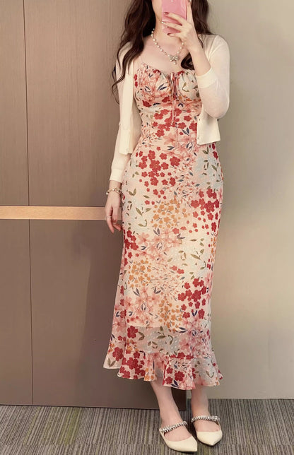 Tea break French floral sling dress, beautiful waist slim fit hip long dress R0567