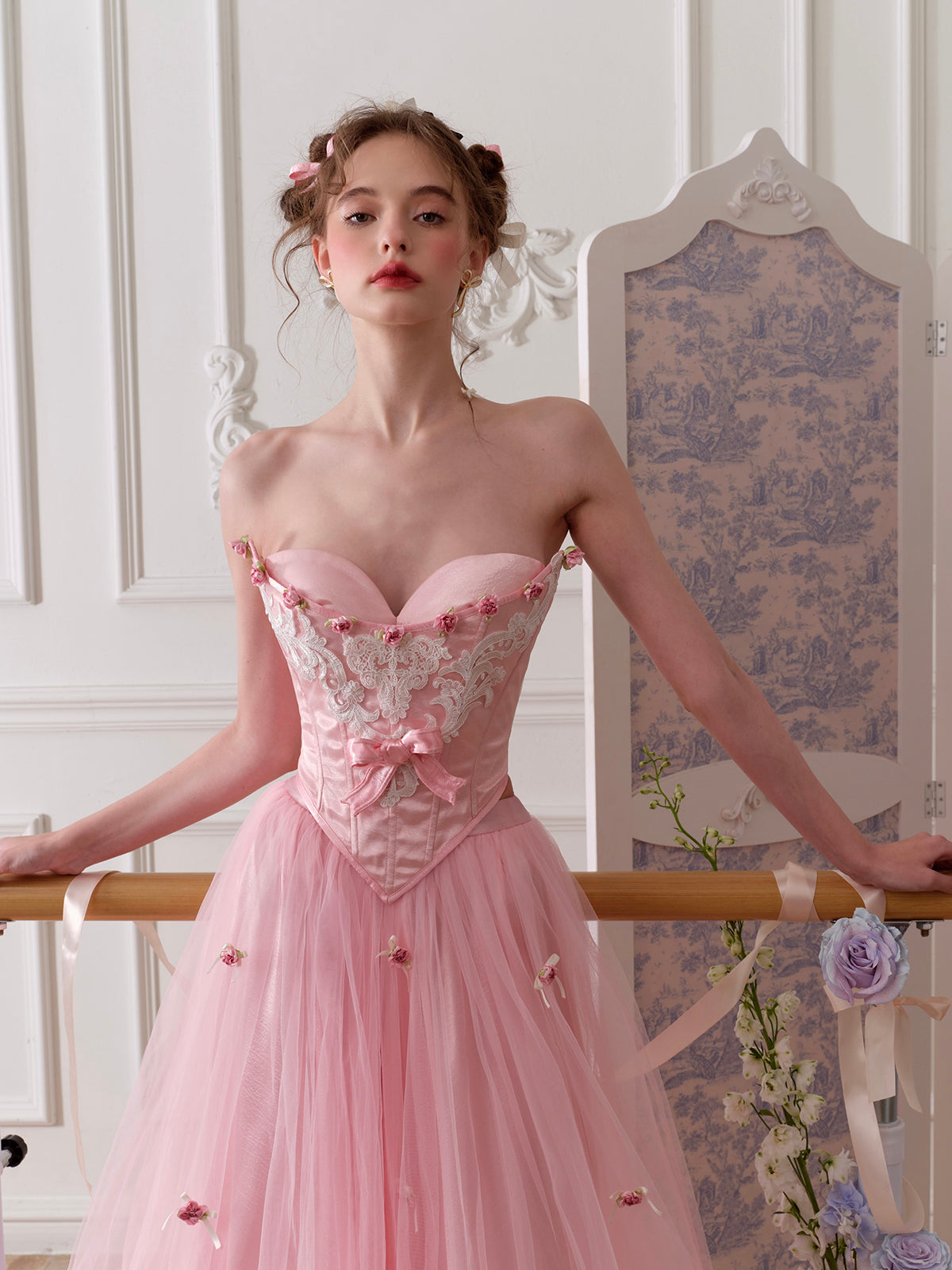 French Sweet Ballet Style Pink Fishbone Corset Mesh Skirt Set Homecoming Dress R5166