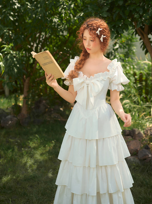 French-style waist white long dress puff sleeve cake dress homecoming dress R5157