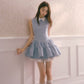 Blue shirt collar vest dress with multi-layered puffy patchwork waist sleeveless dress R5174
