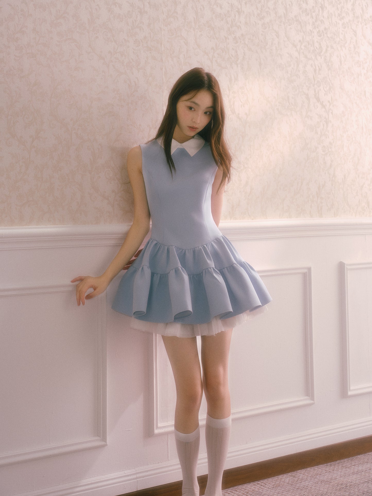 Blue shirt collar vest dress with multi-layered puffy patchwork waist sleeveless dress R5174