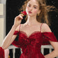 French style one-shoulder waist fishbone dress red evening dress homecoming dress R5153