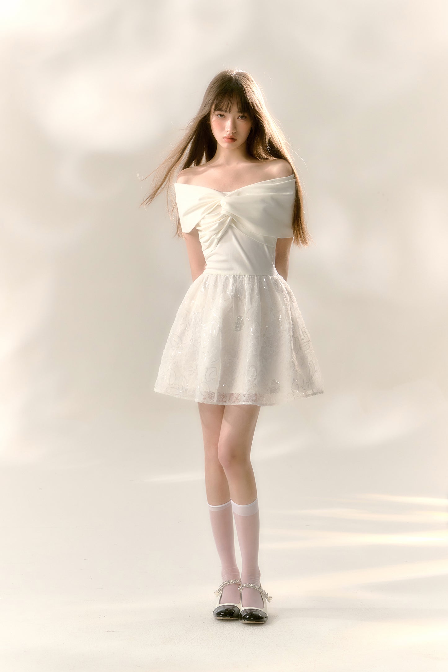 White one-shoulder dress knitted splicing sequined tutu skirt R5172