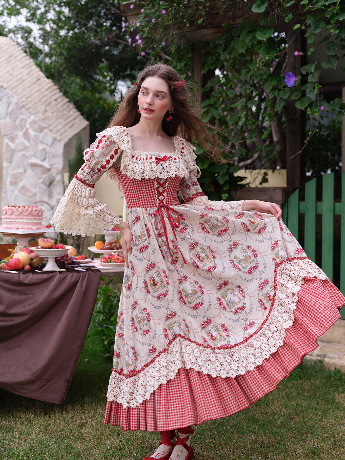 French Pastoral Retro Lace Print Herringbone Long Sleeve Dress Homecoming Dress R5165