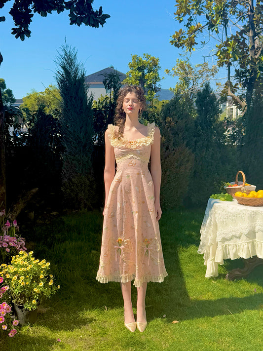 French Retro Pastoral Oil Painting Long Strap Printed Lace Dress Homecoming Dress R5151