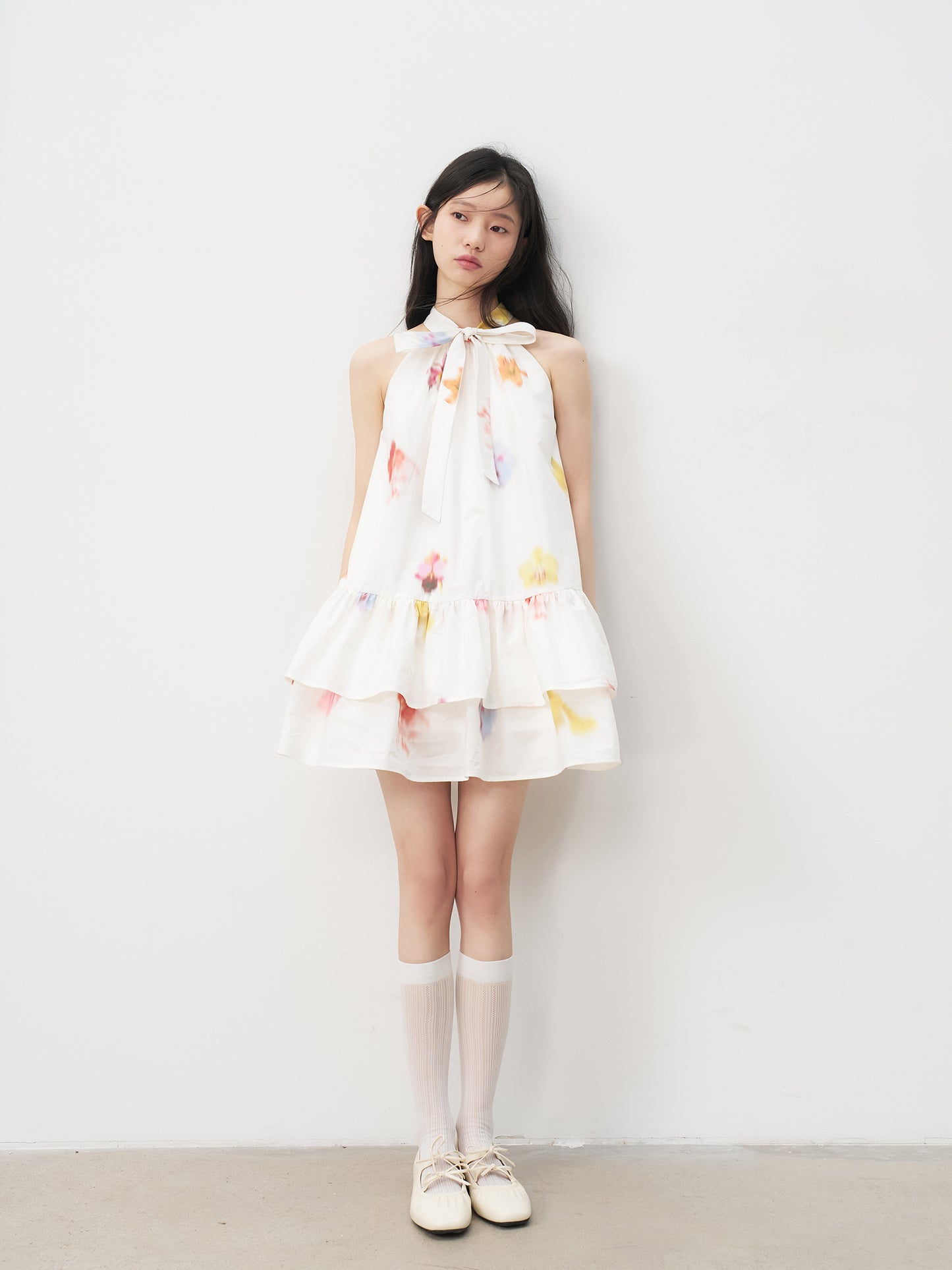 Sleeveless Floral Bow Tie Halter Dress with Ruffled Hem Tutu Skirt R5169