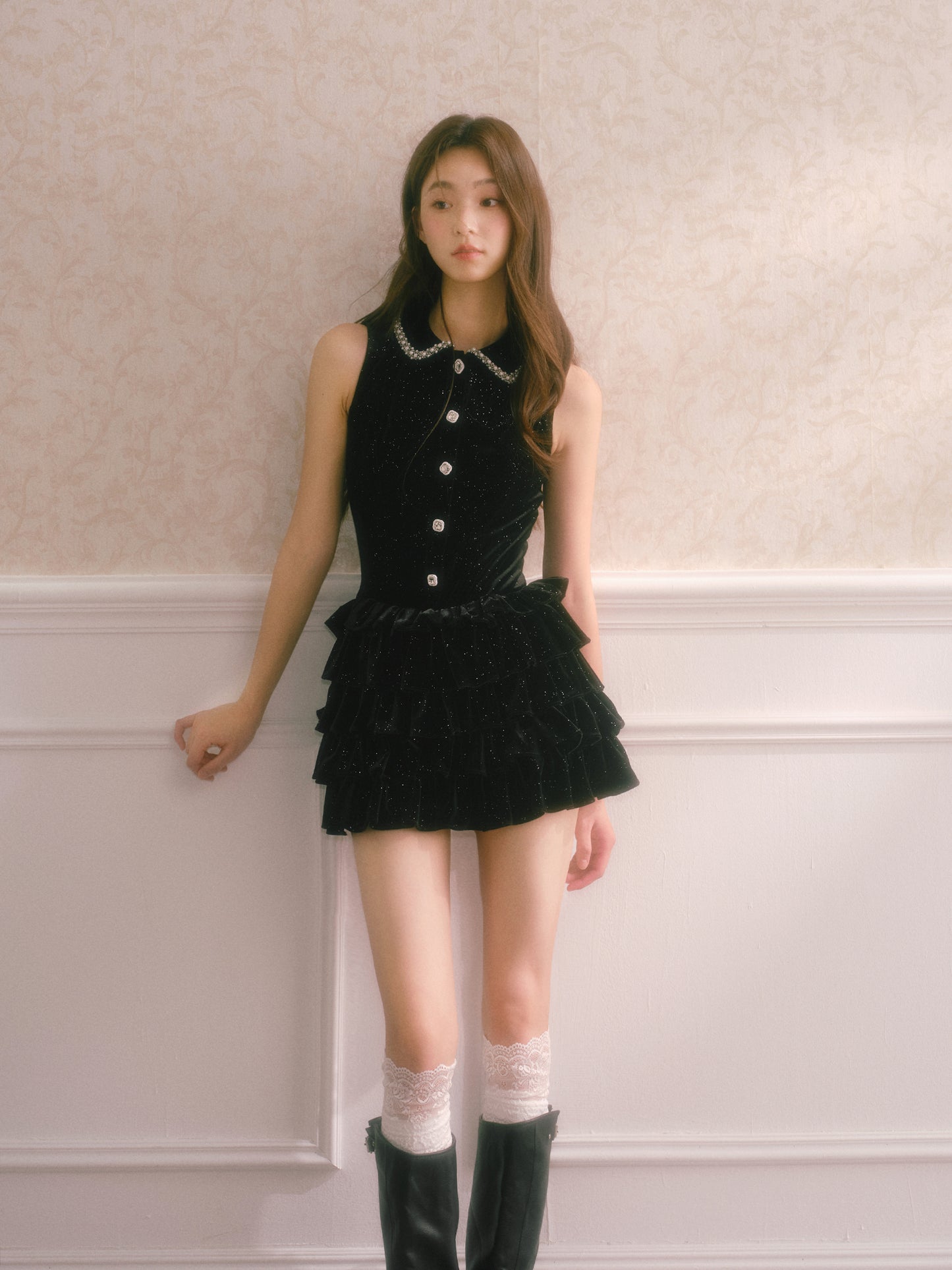 Black velvet shimmering qianjin style cake-style lace waist belt puffy dress R5175