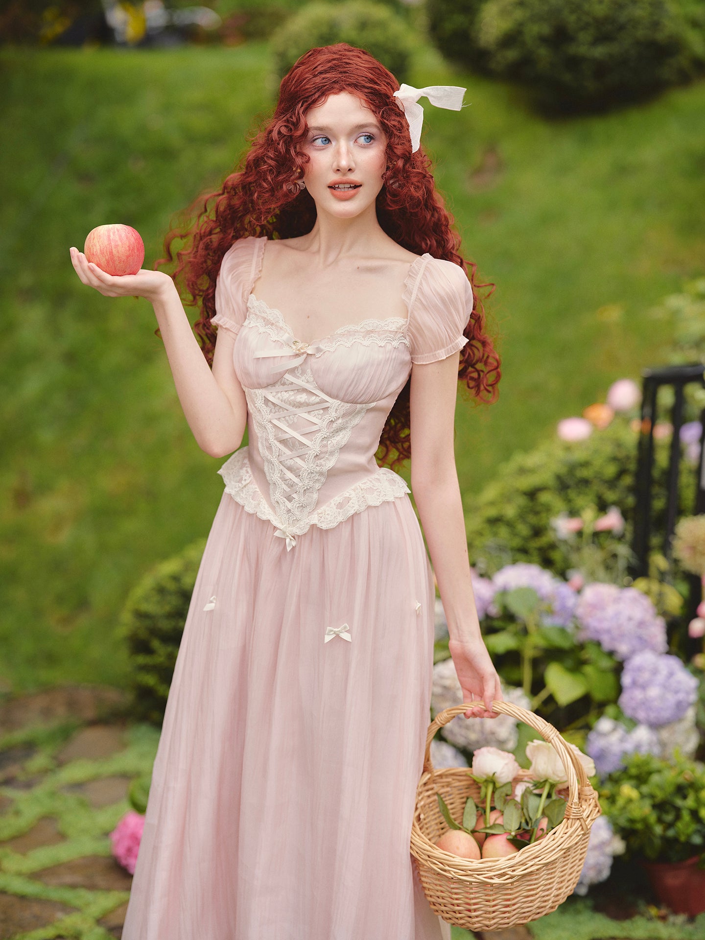 French pink fairy dress design long short-sleeved fishbone dress homecoming dress R5158