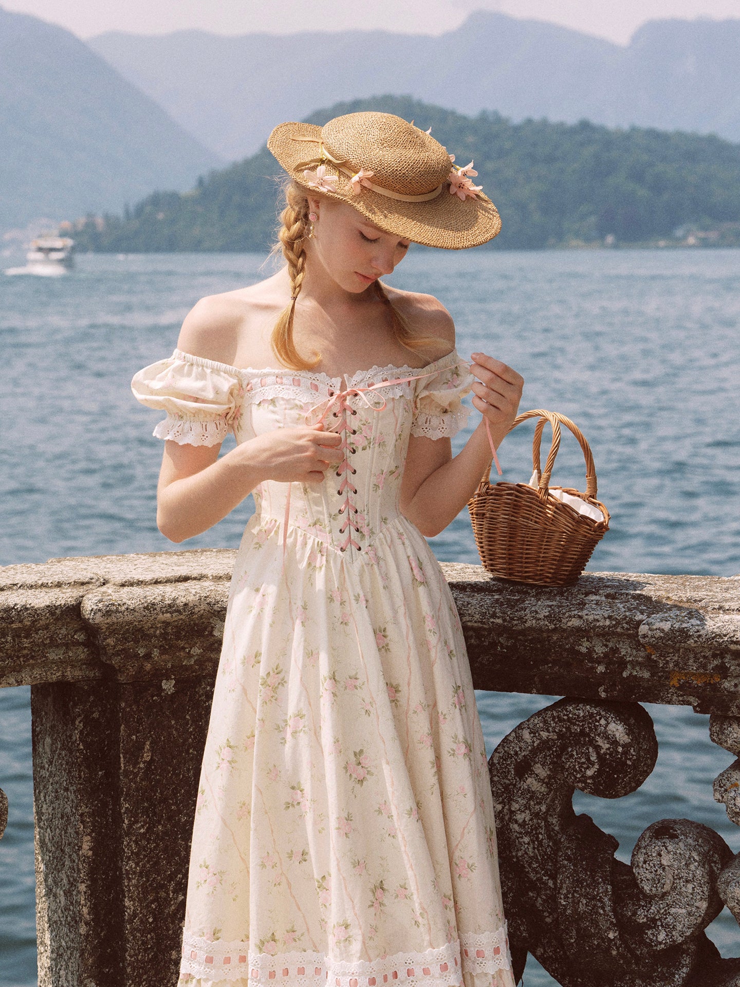 French design pastoral style printed slim fishbone corset dress homecoming dress R5163