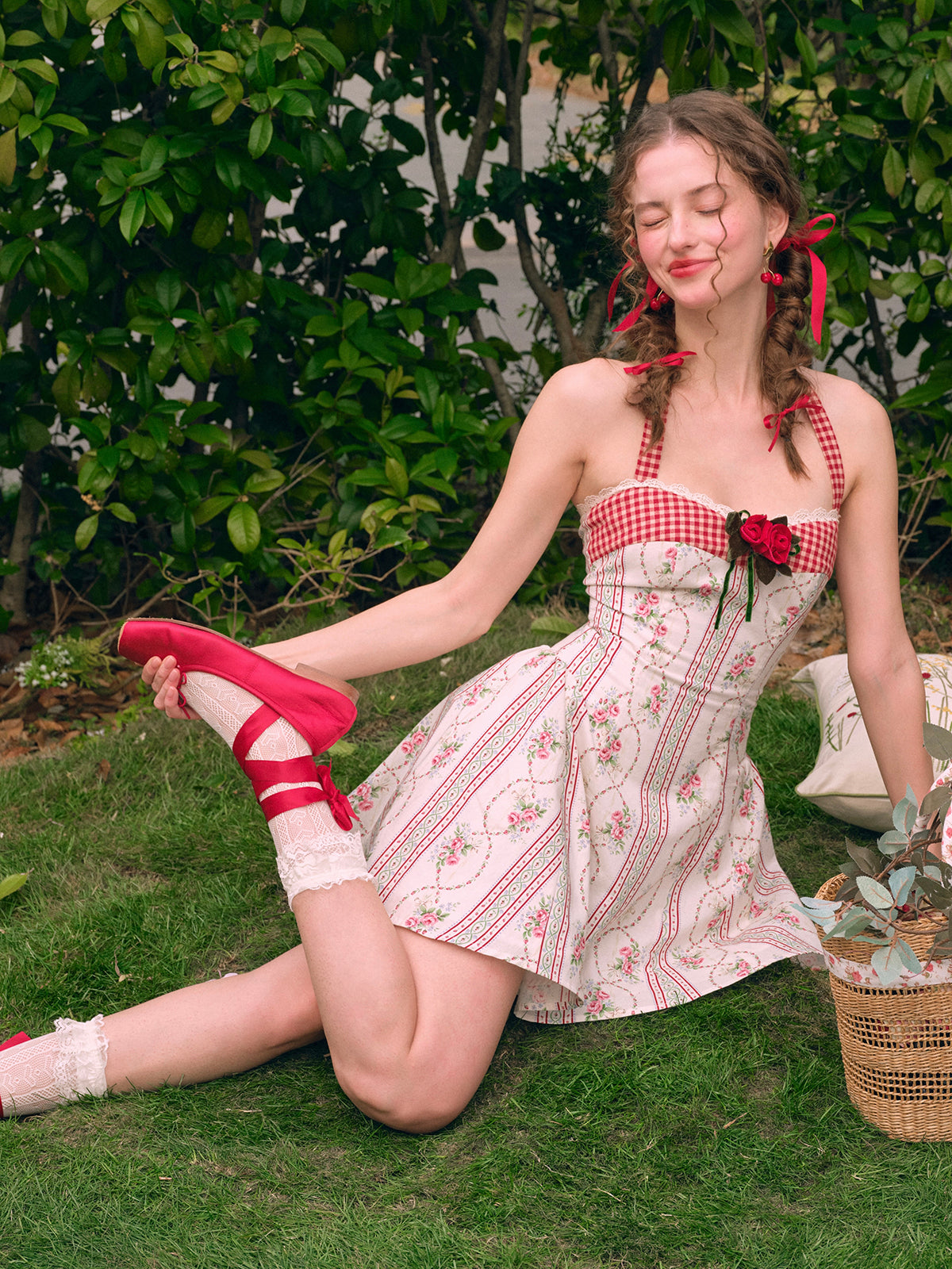 French pastoral red halter dress short petite homecoming dress R5152