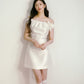 White silk satin elastic one-shoulder bow waisted girlish dress R5171