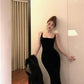 Square collar vest black velvet suspender dress 2025 temperament slim fit inner hip dress R1473