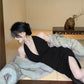 Retro black slit halter neck suspender dress sexy backless slit hip dress skirt R1474