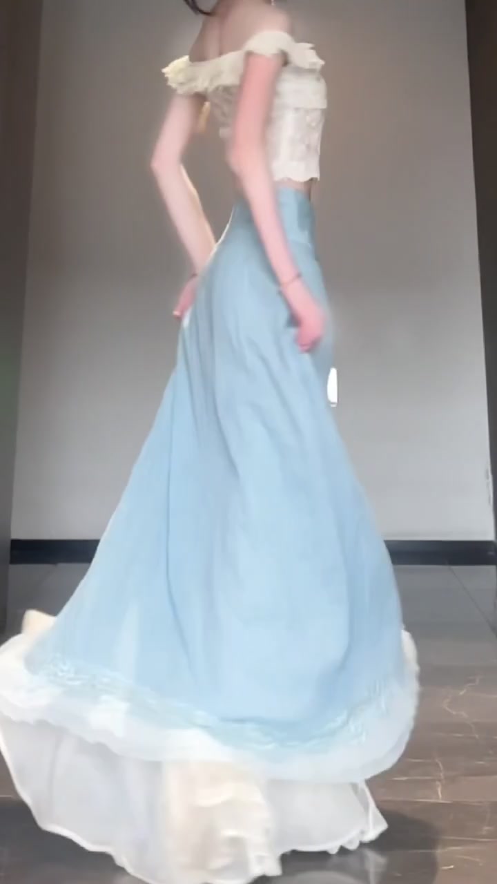 Gentle temperament white one-shoulder top a-line skirt two-piece set R0808