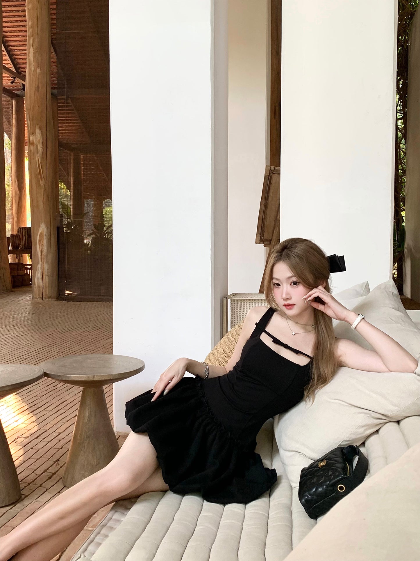 Flower bud vest little black dress waist slimming French Hepburn dress women's summer R3913