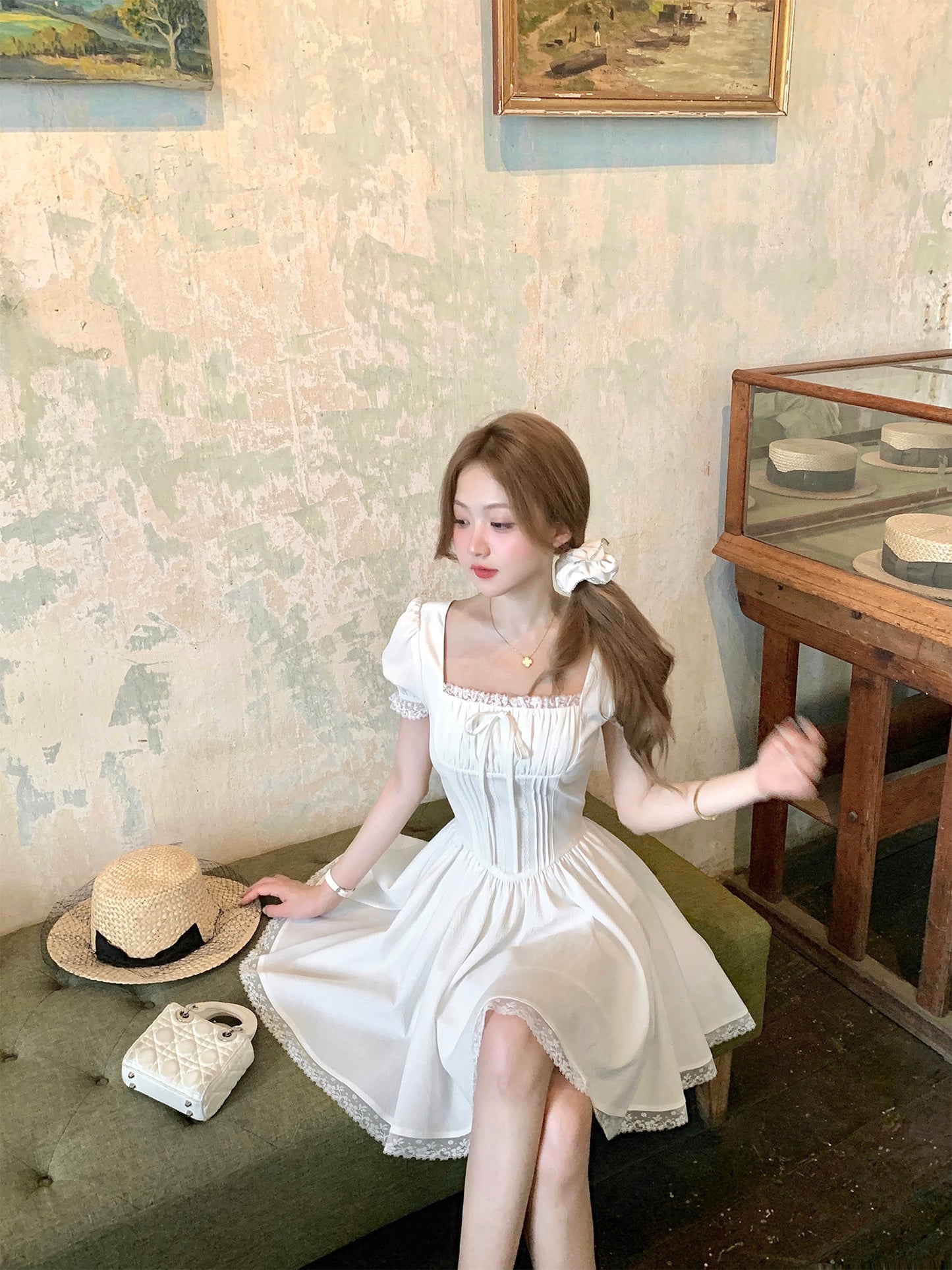 French style little white dress for girls, slim fit, heavy work dress, new summer style R3912