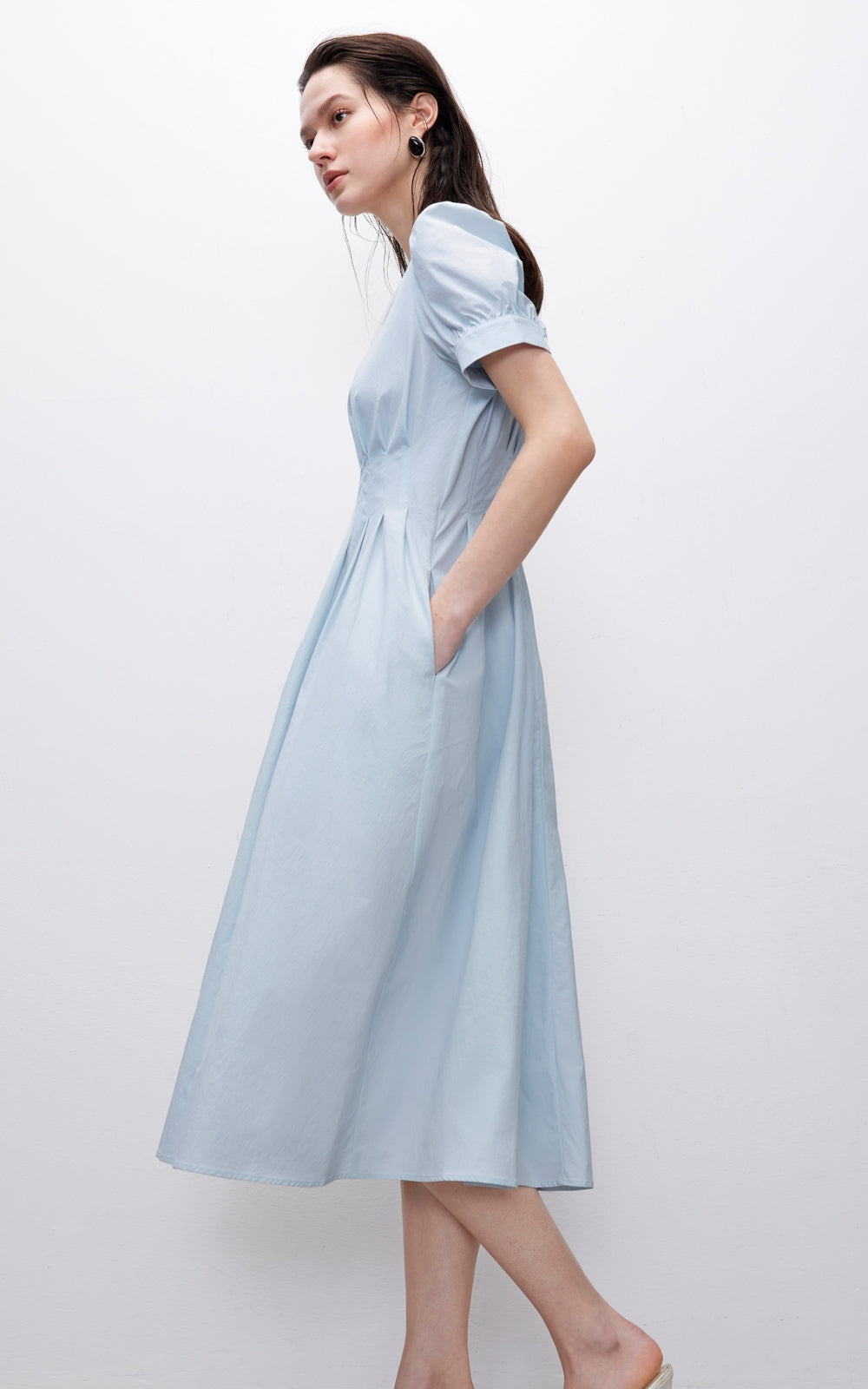 Summer new solid color high waist V-neck puff sleeve waist slimming midi dress for women R3947