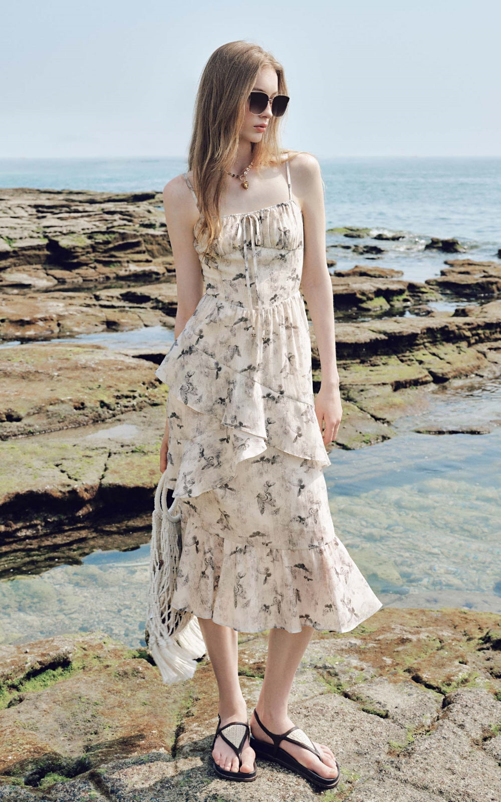 Summer new wave holiday style floral fairy ruffle waist suspender long dress for women R3946
