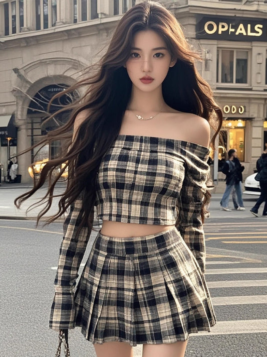 Large size French pure desire retro one shoulder short top skirt plaid suit R1841