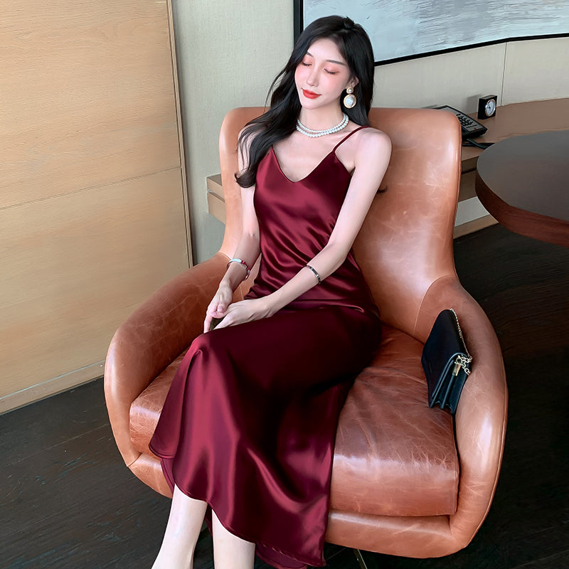 High-grade drape silk satin V-neck suspender dress mid-length temperament skirt R0997