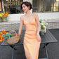 Temperament slim pure desire V-neck off-shoulder streamer sling psychedelic orange sling dress R1003