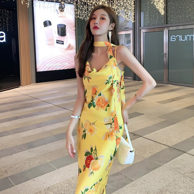 French style yellow floral suspender dress high-end niche design petite long skirt R1005