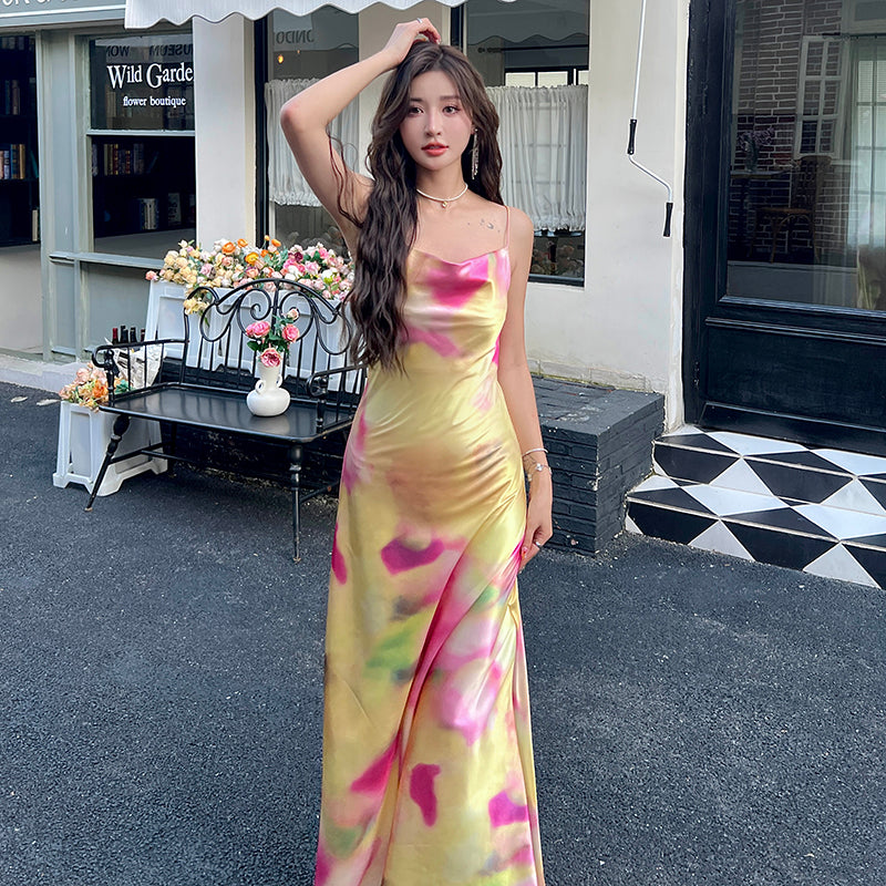 Noble temperament printed suspender dress 2025 new acetate satin long skirt R0999