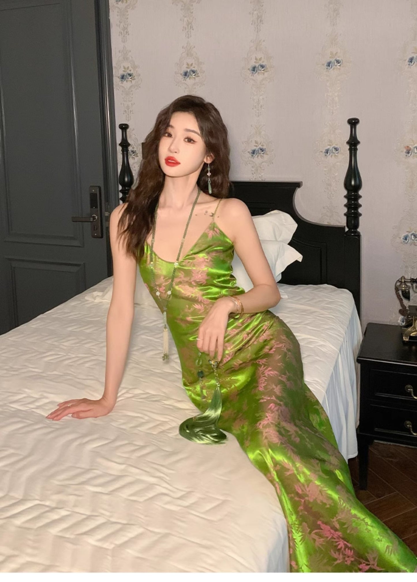 High-grade silk suspender dress 25 new slim fit slimming royal sister printed acetate long skirt R1001