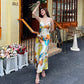 V-neck suspender dress 2025 new French style high-end temperament printed satin long skirt R1004