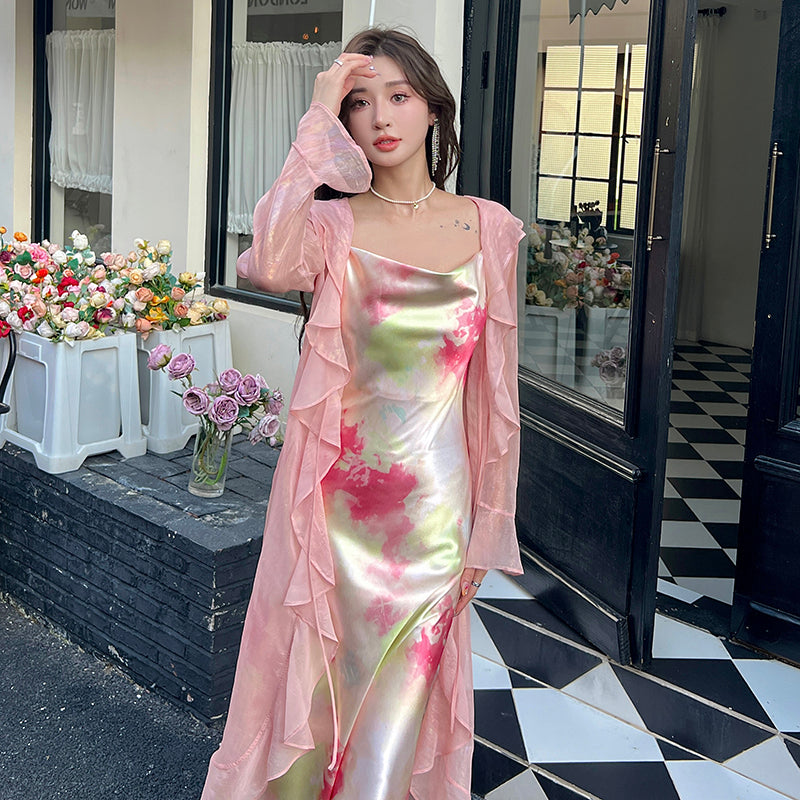 French retro print slim fairy dress sexy high-end pure desire wind collar suspender long dress R1007